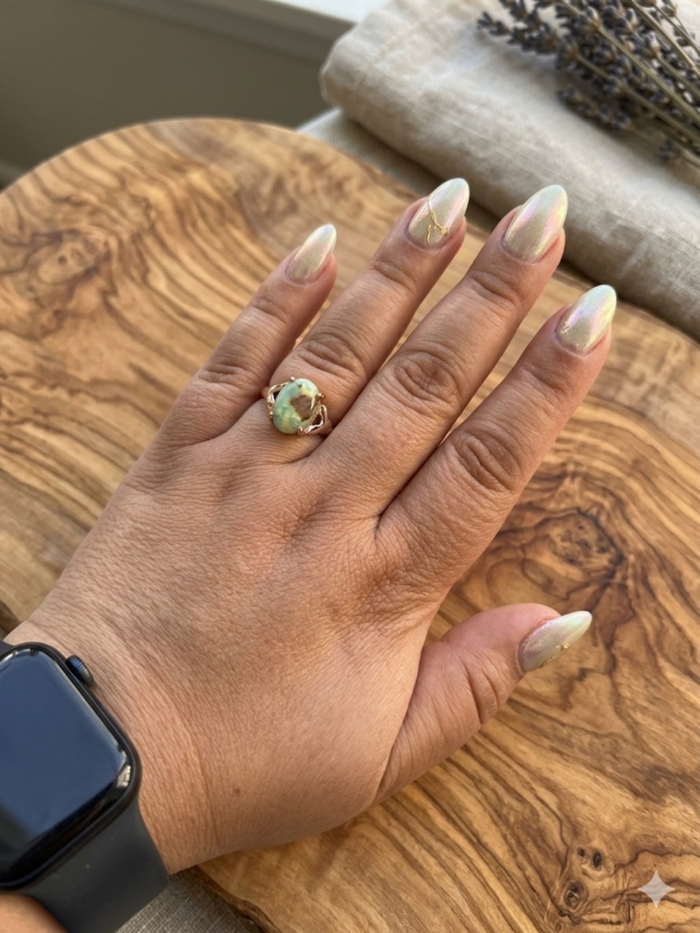Size 10 Gold Ring with Green Opal Cabochon